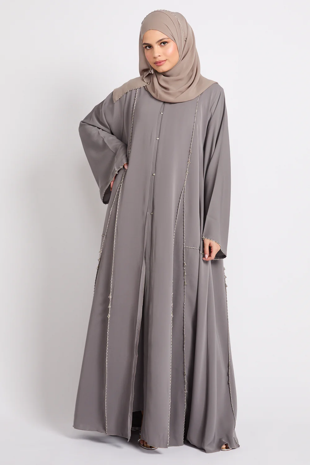 Luxury Heirloom Crochet Detail Open Abaya – Dove Taupe - Image 6