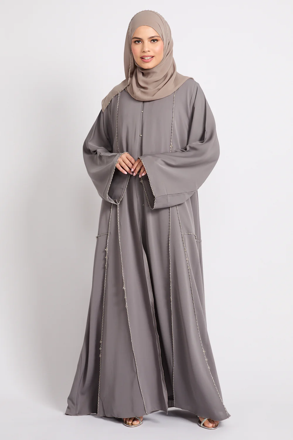 Luxury Heirloom Crochet Detail Open Abaya – Dove Taupe - Image 7