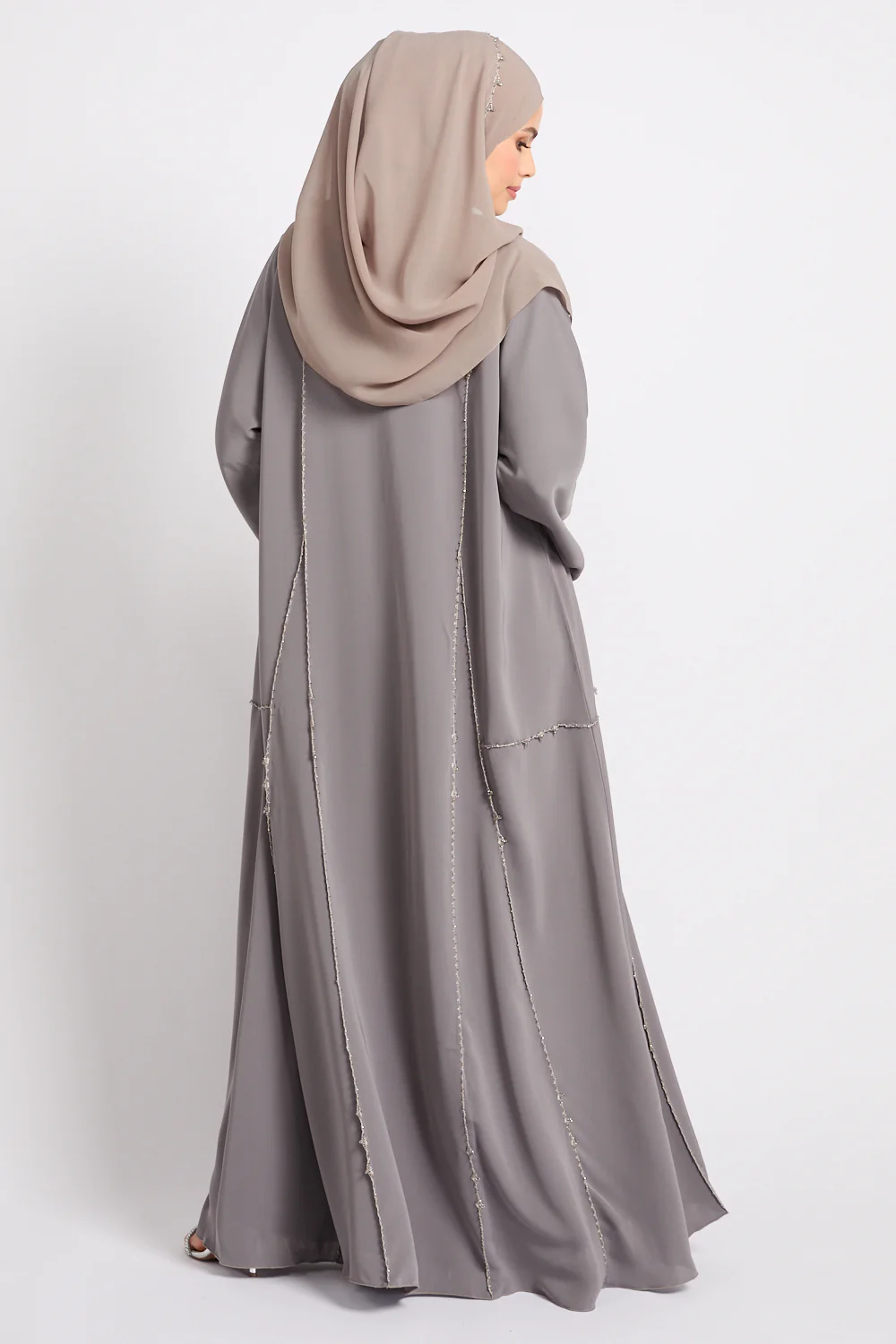 Luxury Heirloom Crochet Detail Open Abaya – Dove Taupe - Image 8