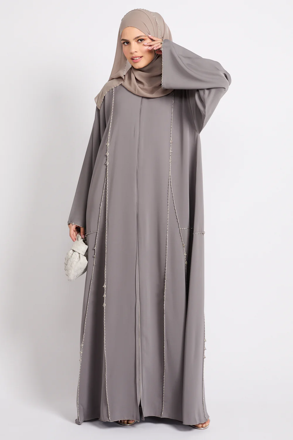 Luxury Heirloom Crochet Detail Open Abaya – Dove Taupe - Image 9