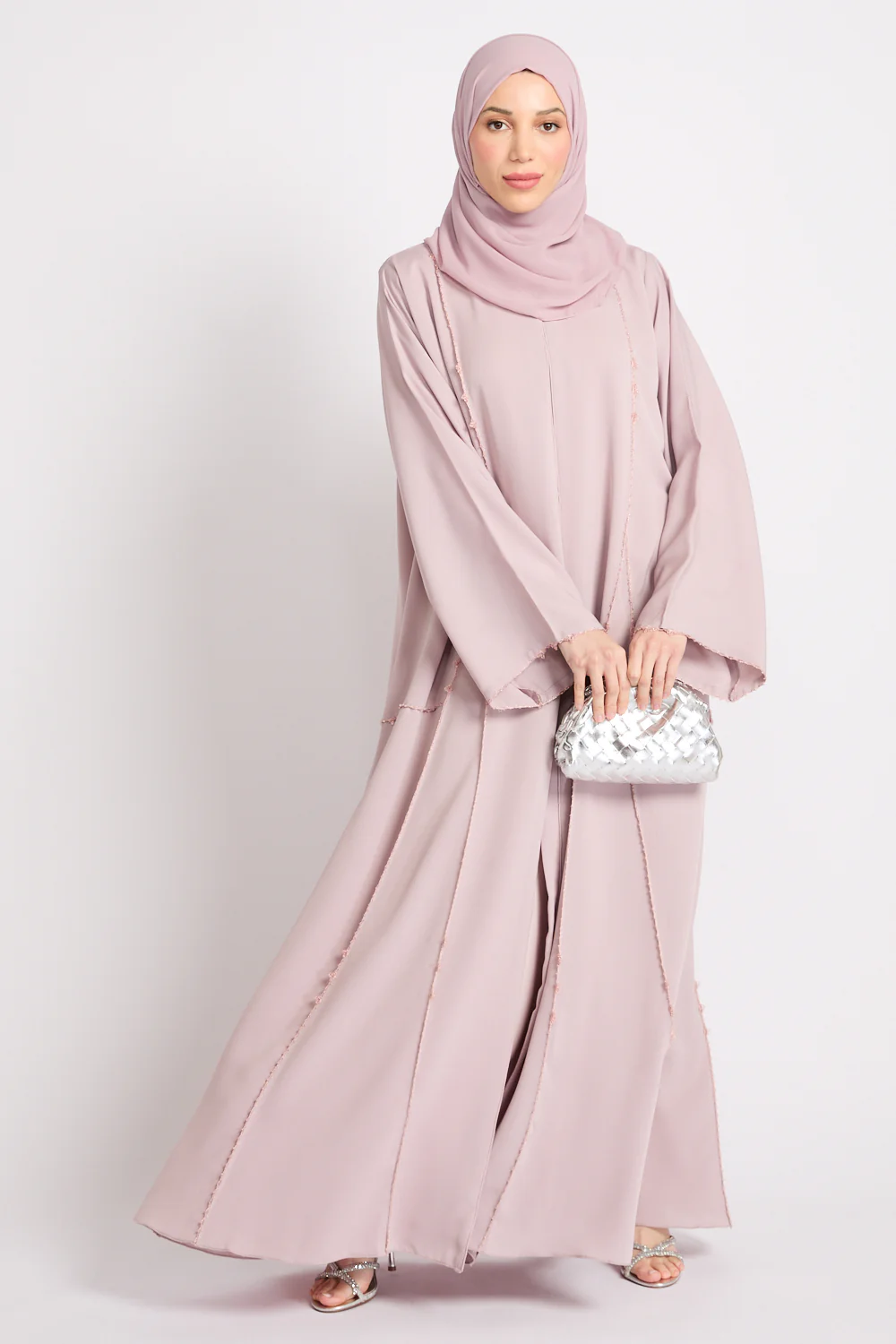 Luxury Heirloom Crochet Detail Open Abaya – Dusty Rose