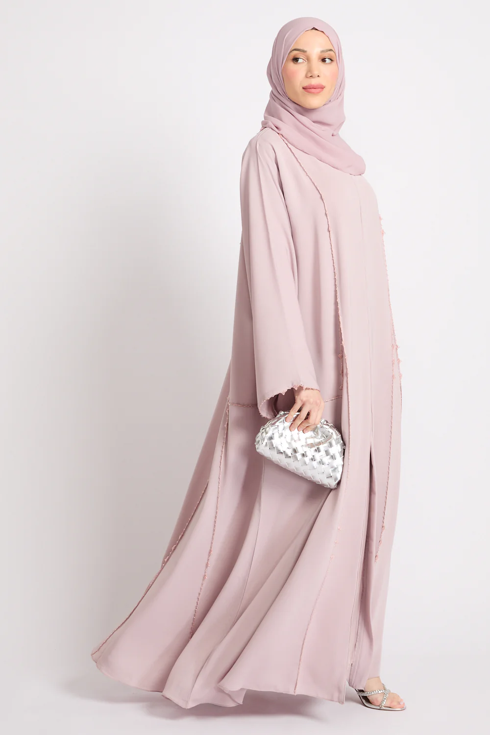 Luxury Heirloom Crochet Detail Open Abaya – Dusty Rose - Image 3