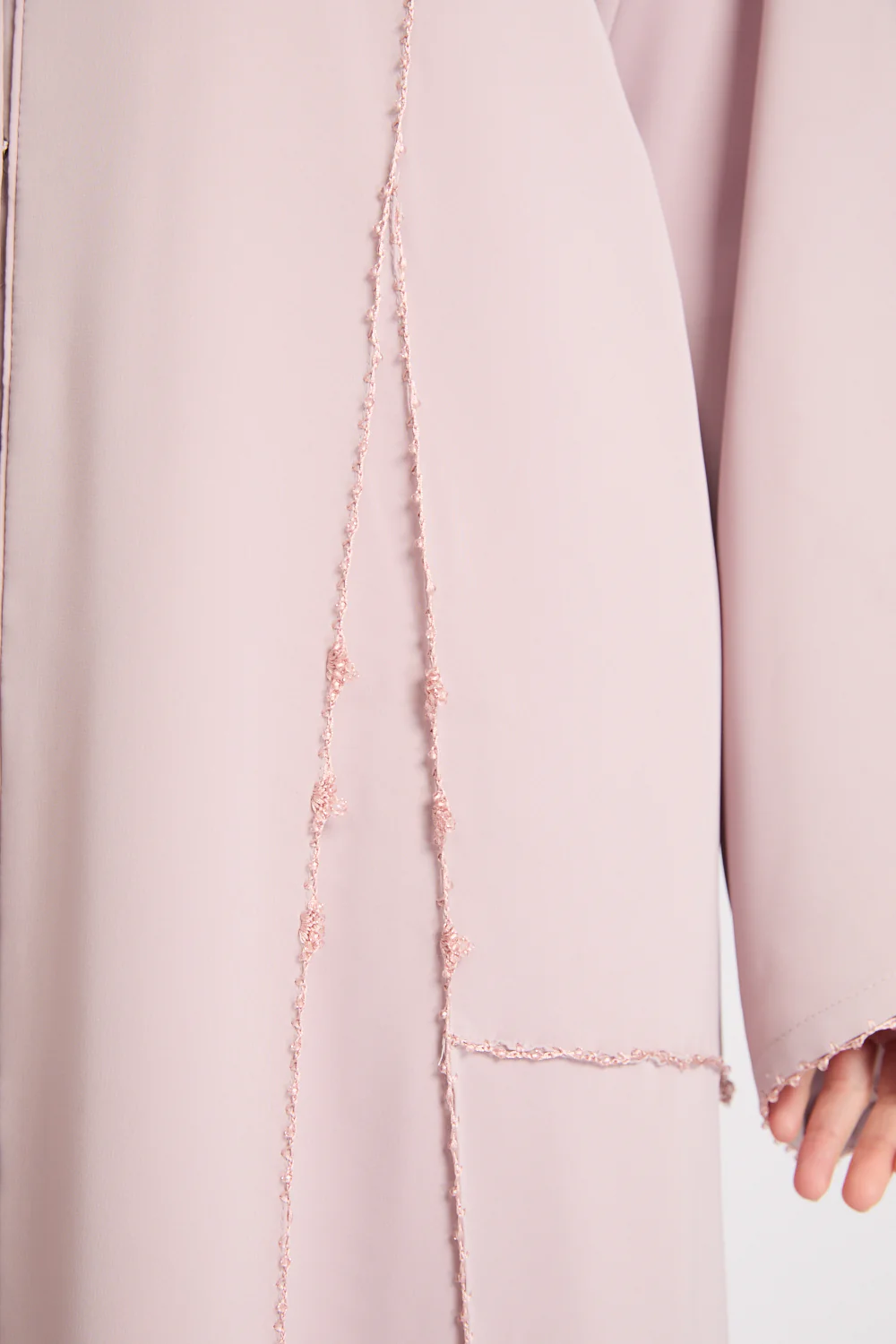 Luxury Heirloom Crochet Detail Open Abaya – Dusty Rose - Image 4