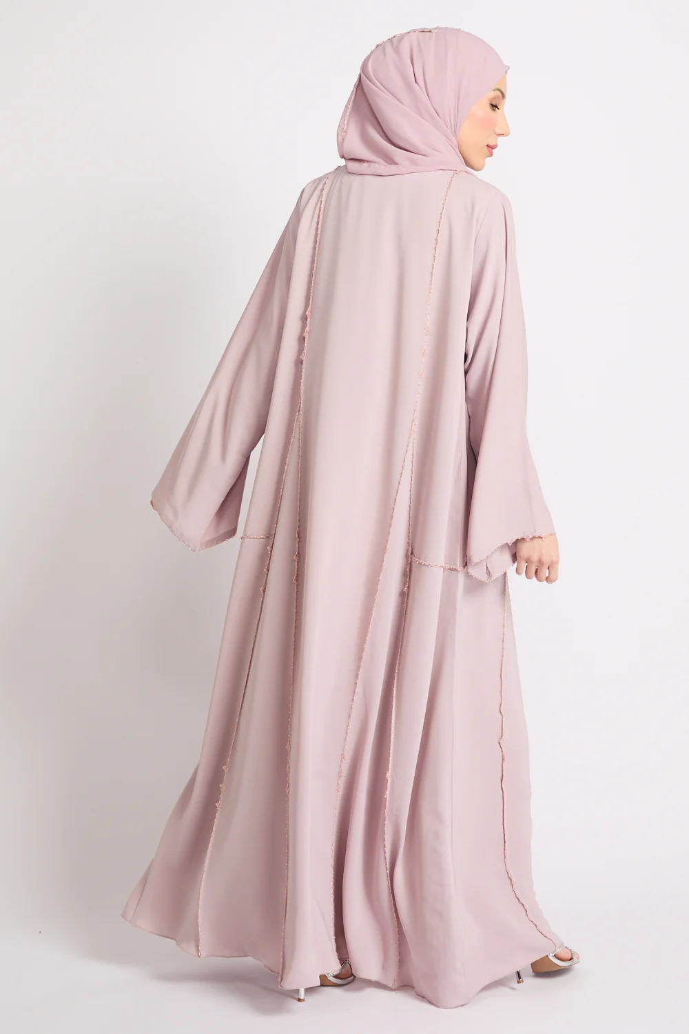Luxury Heirloom Crochet Detail Open Abaya – Dusty Rose - Image 5
