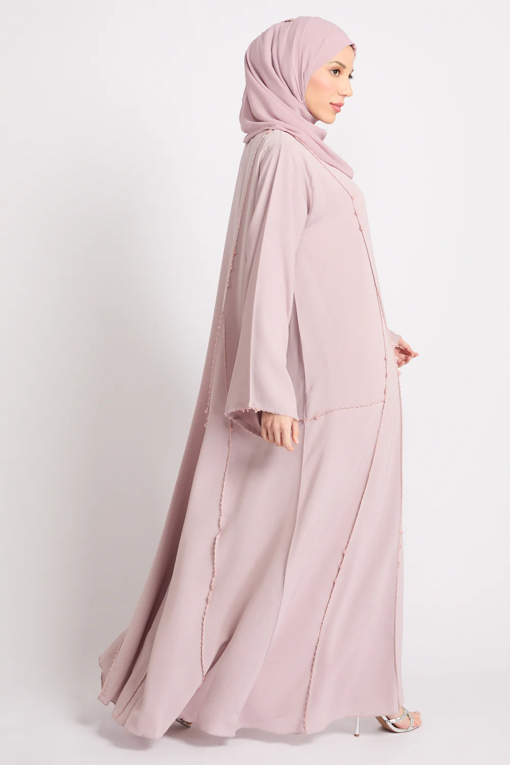 Luxury Heirloom Crochet Detail Open Abaya – Dusty Rose - Image 6