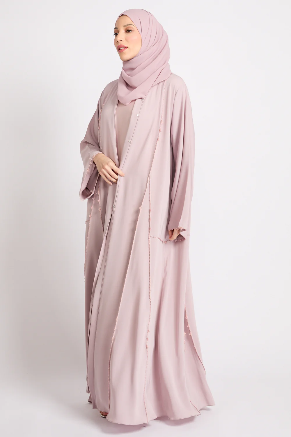 Luxury Heirloom Crochet Detail Open Abaya – Dusty Rose - Image 7