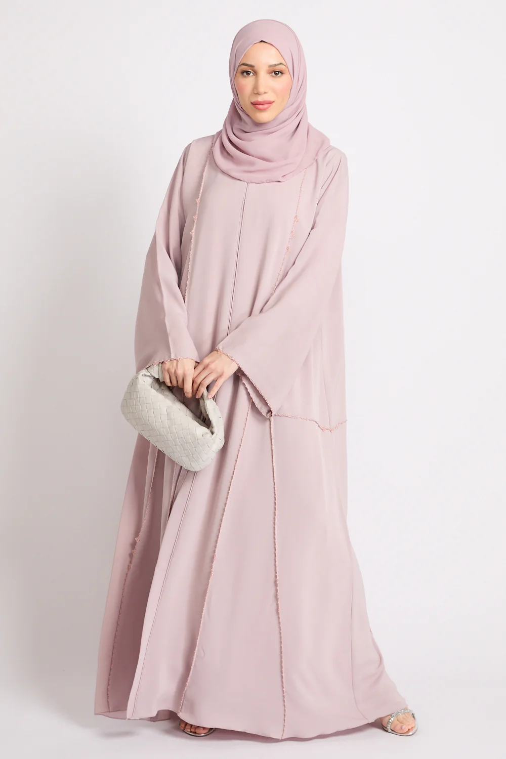 Luxury Heirloom Crochet Detail Open Abaya – Dusty Rose - Image 8