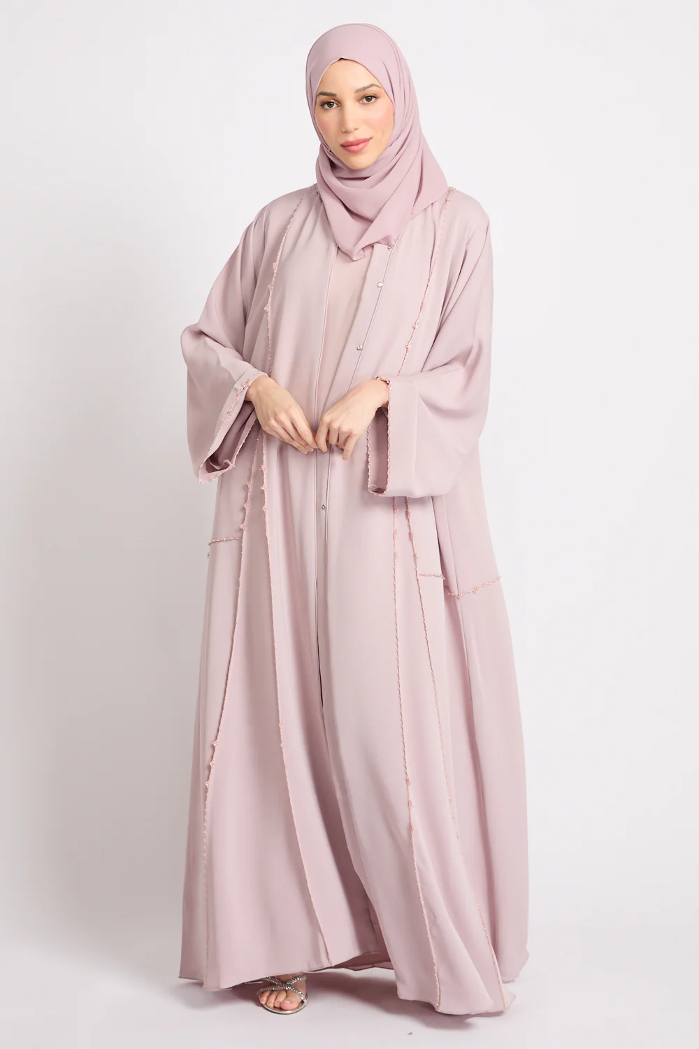 Luxury Heirloom Crochet Detail Open Abaya – Dusty Rose - Image 9