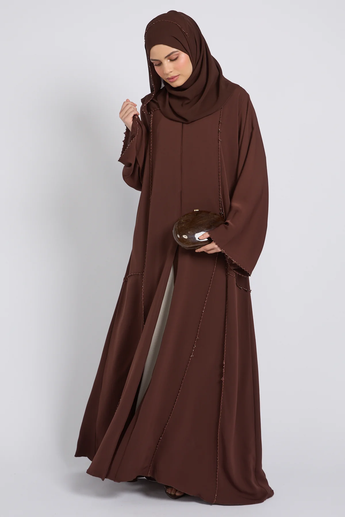 Luxury Heirloom Crochet Detail Open Abaya – Espresso Brown