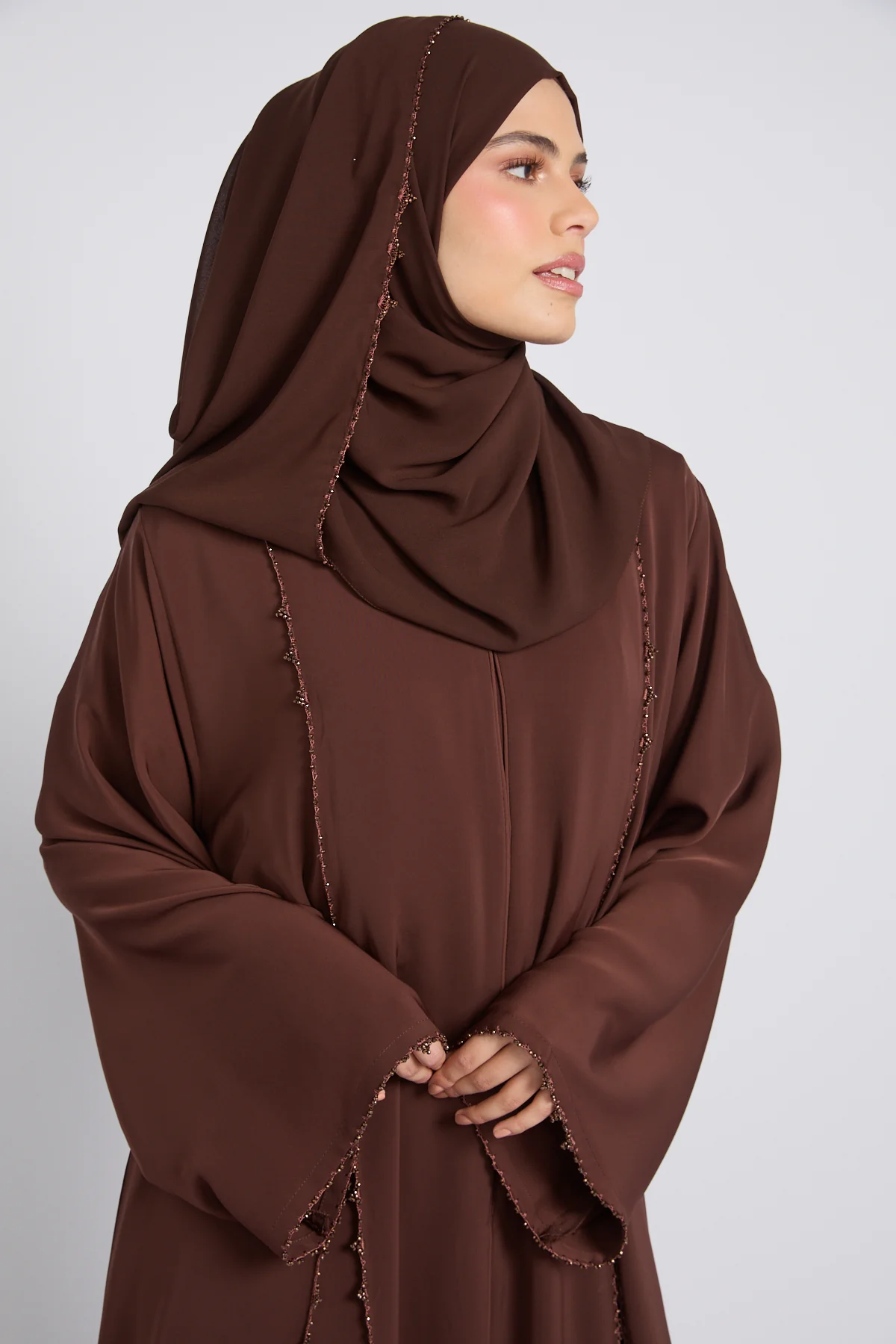Luxury Heirloom Crochet Detail Open Abaya – Espresso Brown - Image 2