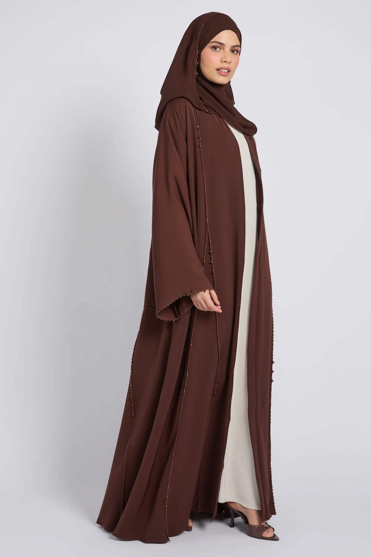 Luxury Heirloom Crochet Detail Open Abaya – Espresso Brown - Image 3