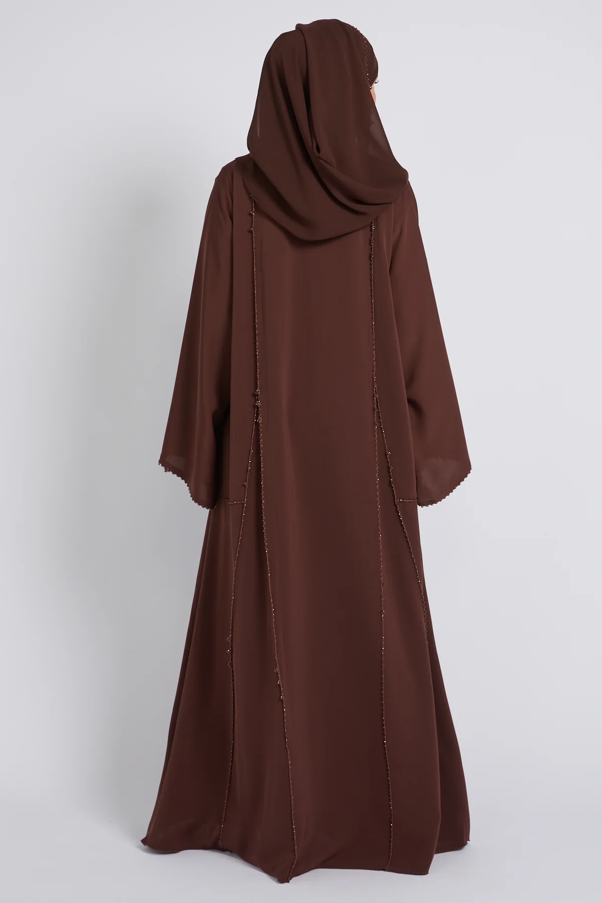 Luxury Heirloom Crochet Detail Open Abaya – Espresso Brown - Image 4