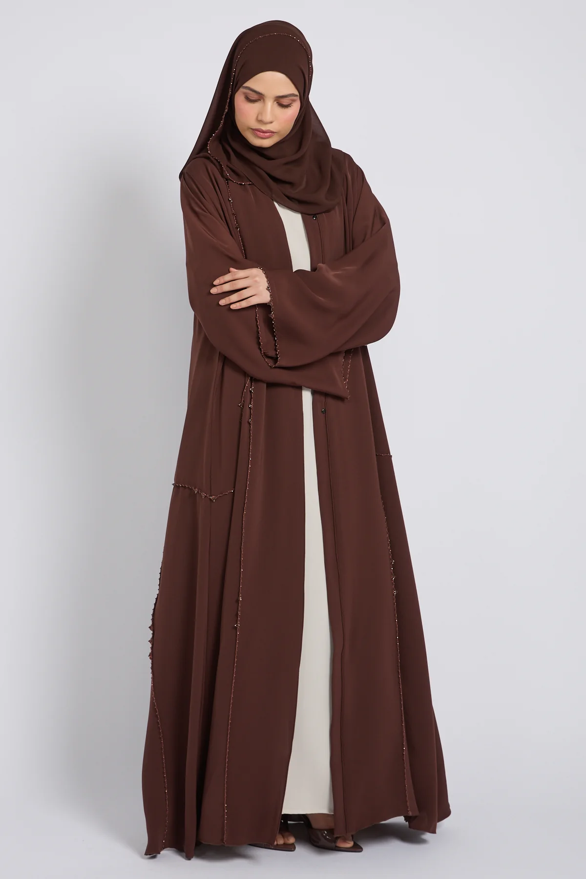 Luxury Heirloom Crochet Detail Open Abaya – Espresso Brown - Image 5