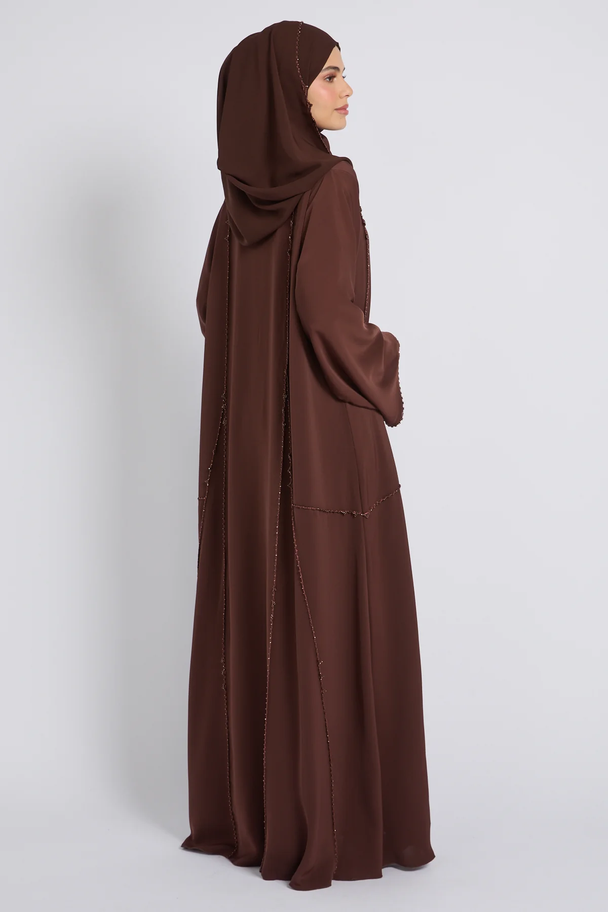 Luxury Heirloom Crochet Detail Open Abaya – Espresso Brown - Image 6