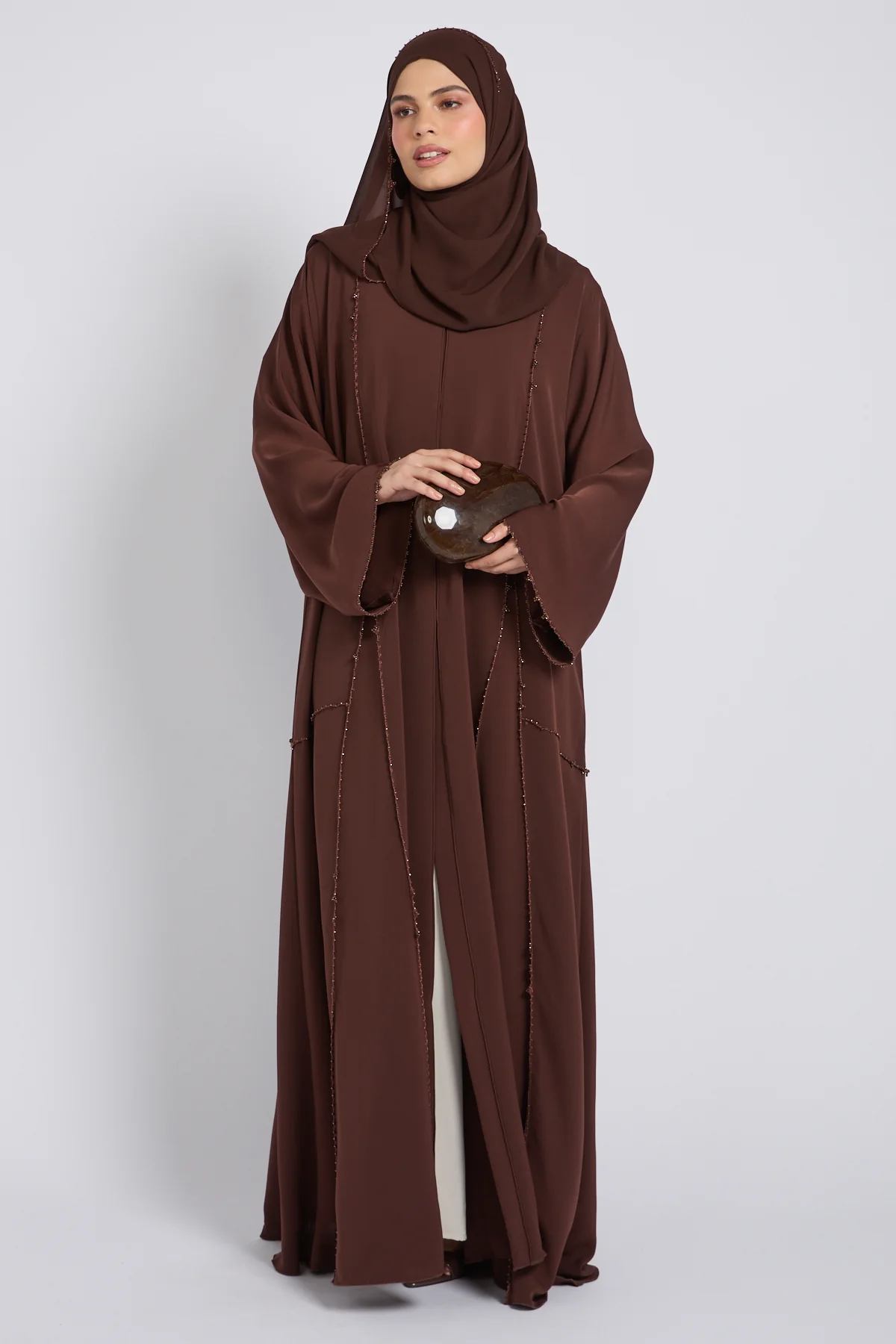 Luxury Heirloom Crochet Detail Open Abaya – Espresso Brown - Image 7