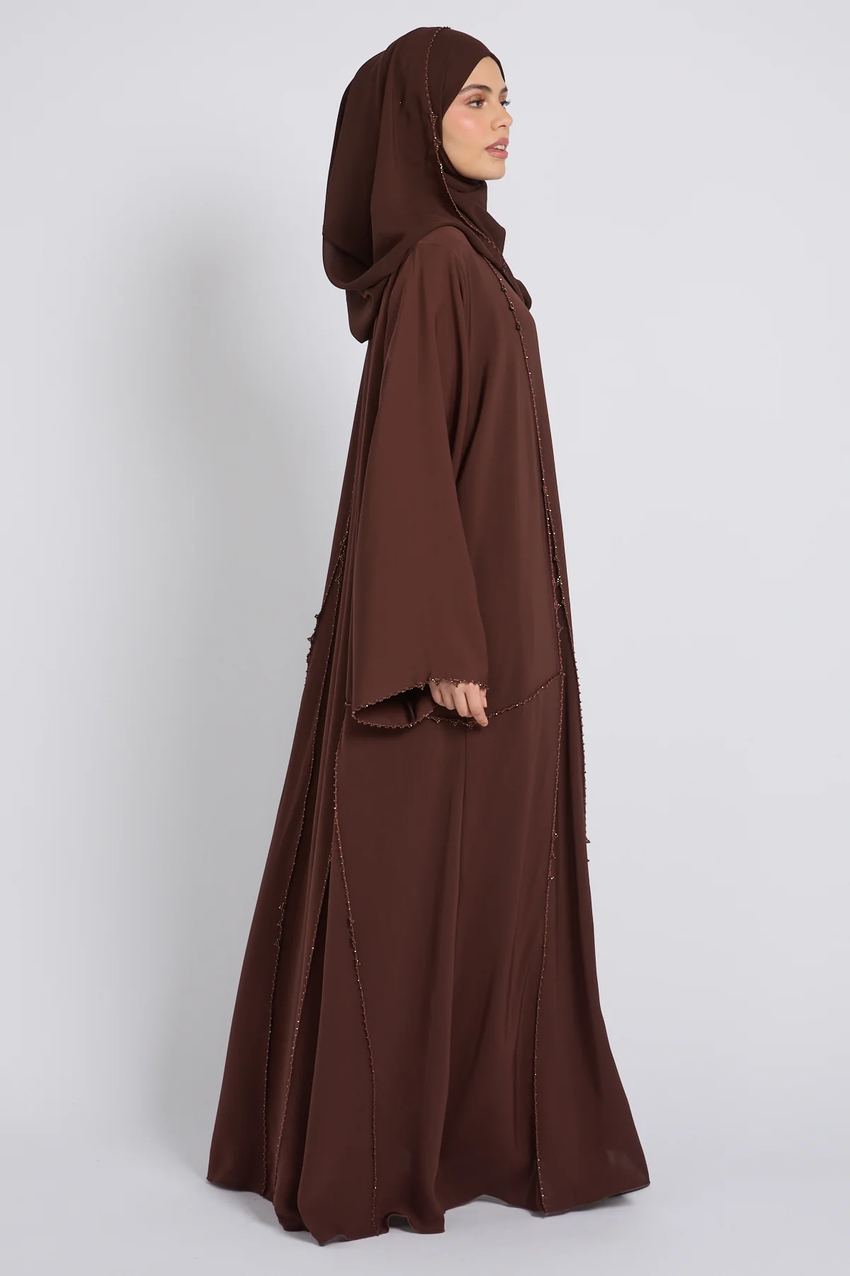 Luxury Heirloom Crochet Detail Open Abaya – Espresso Brown - Image 8
