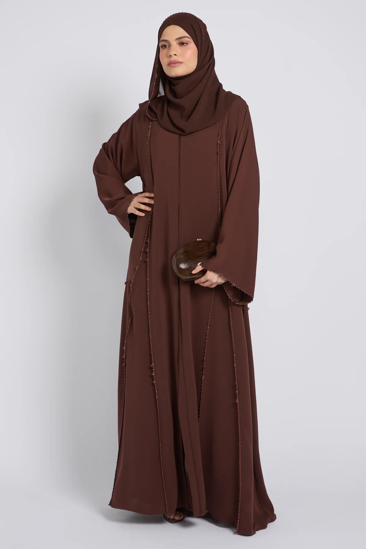 Luxury Heirloom Crochet Detail Open Abaya – Espresso Brown - Image 9