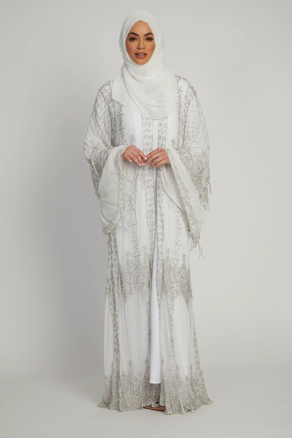 Luxury Ice White Glimmer Embellished Open Abaya - Image 2