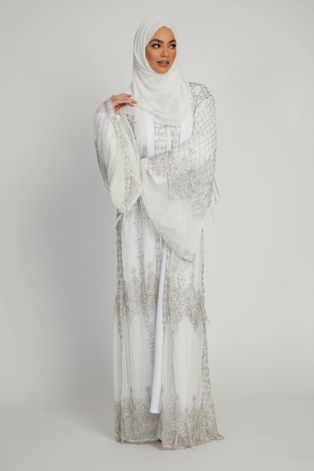 Luxury Ice White Glimmer Embellished Open Abaya - Image 3