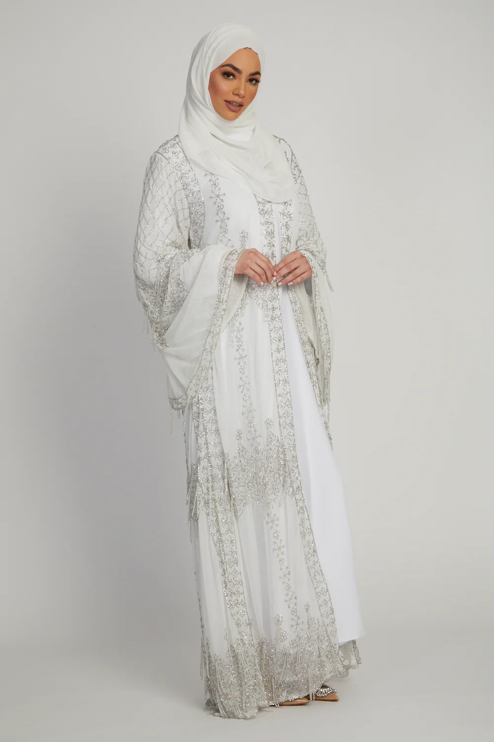 Luxury Ice White Glimmer Embellished Open Abaya - Image 4