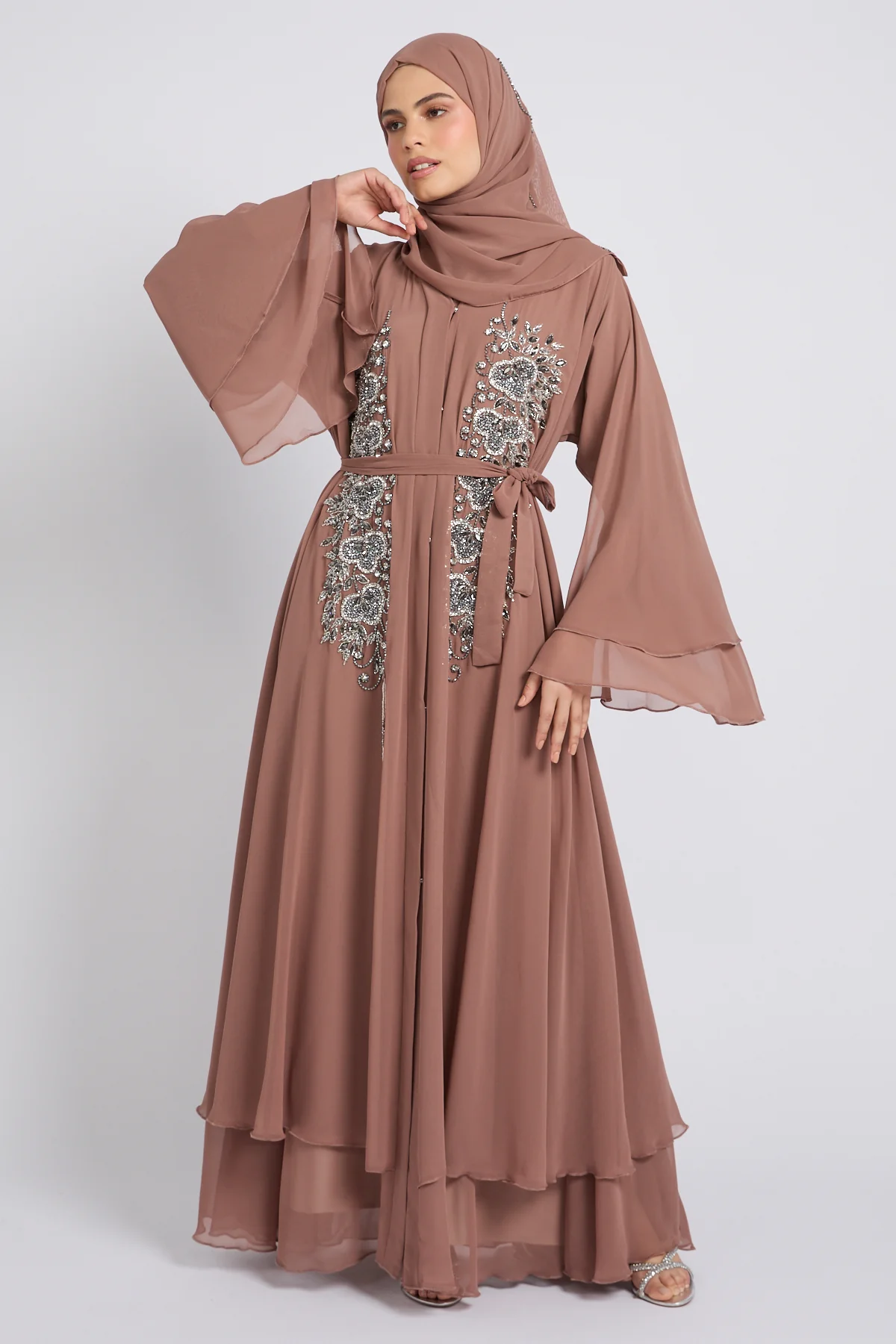 Luxury Layered Chiffon Royal Bloom Open Abaya – Terracotta Rose