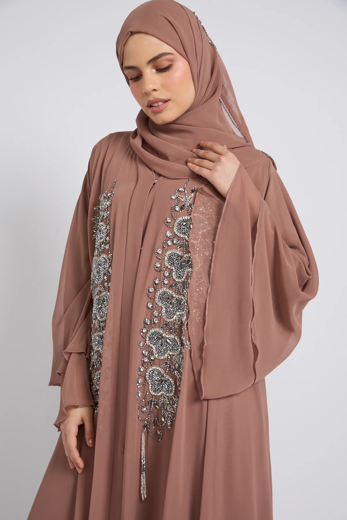 Luxury Layered Chiffon Royal Bloom Open Abaya – Terracotta Rose - Image 2