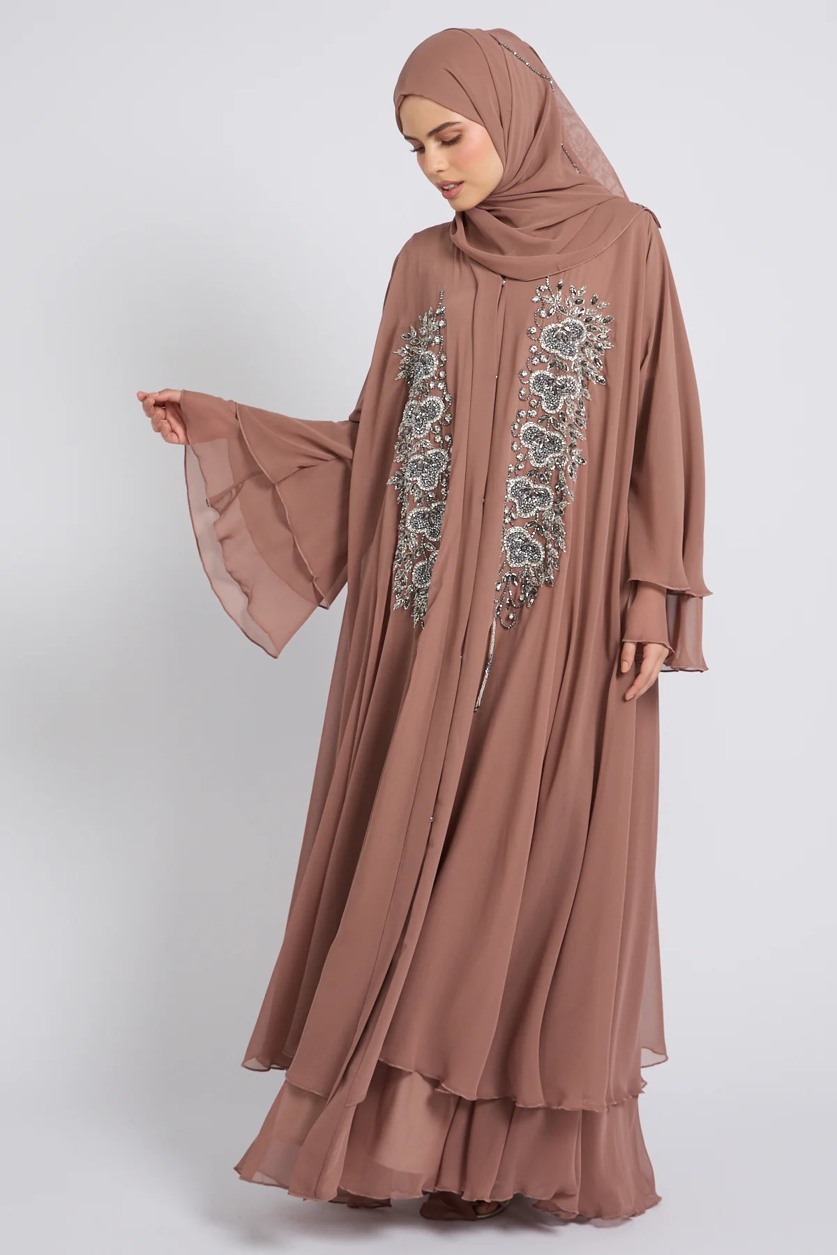 Luxury Layered Chiffon Royal Bloom Open Abaya – Terracotta Rose - Image 6