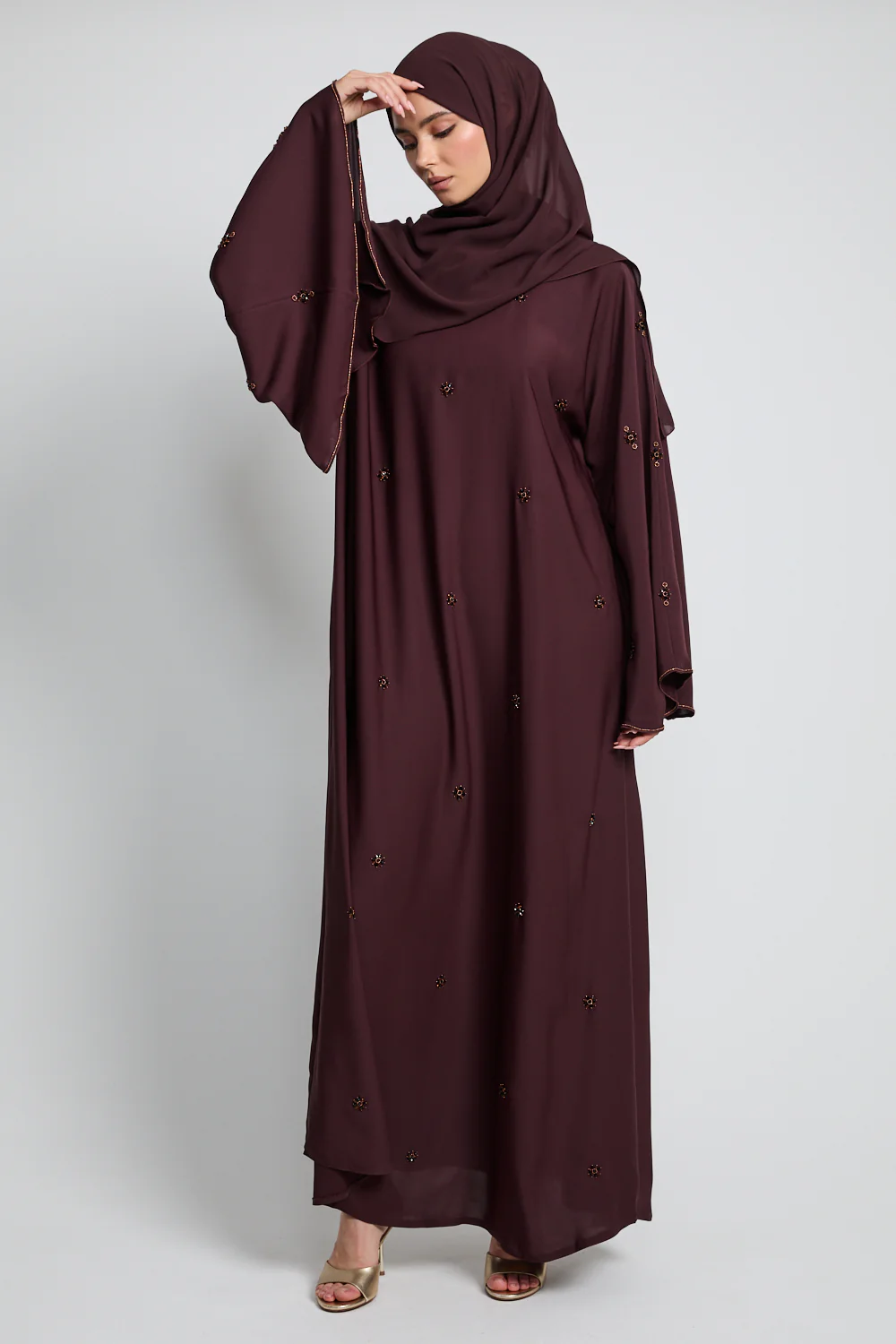 Luxury Mariyah Bejewelled Closed Abaya - Deep Roselle - Image 4