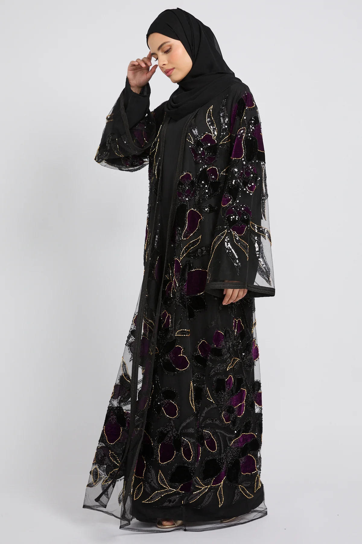 Luxury Midnight Aurora Three Piece Abaya Set – Deep Plum - LIMITED EDITION
