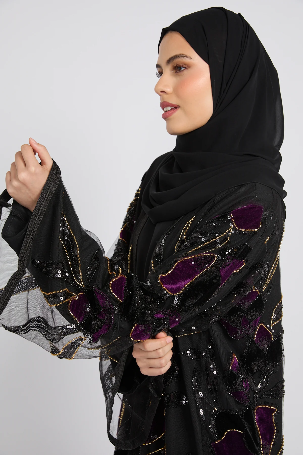 Luxury Midnight Aurora Three Piece Abaya Set – Deep Plum - LIMITED EDITION - Image 2