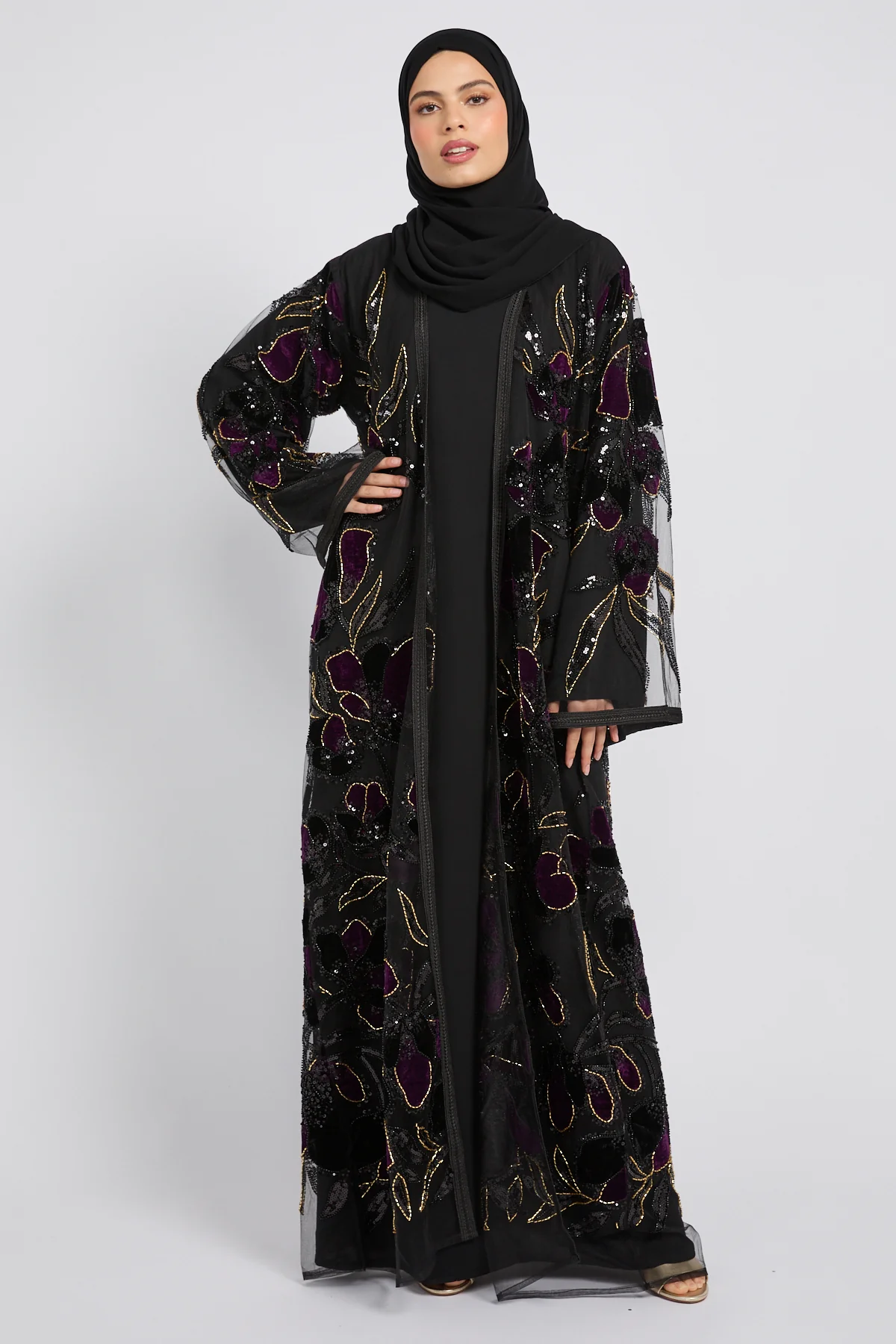 Luxury Midnight Aurora Three Piece Abaya Set – Deep Plum - LIMITED EDITION - Image 3