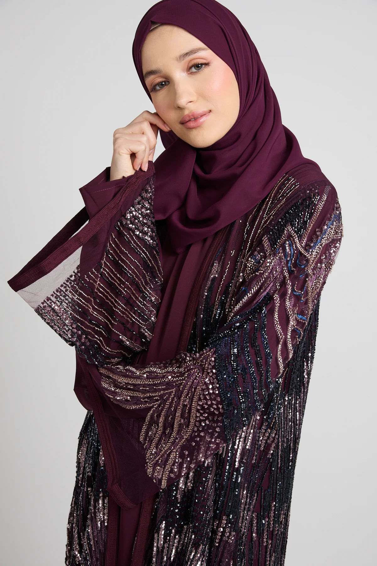 Luxury Midnight Plum Embellished Three Piece Abaya Set - LIMITED EDITION - PRE ORDER - Image 2