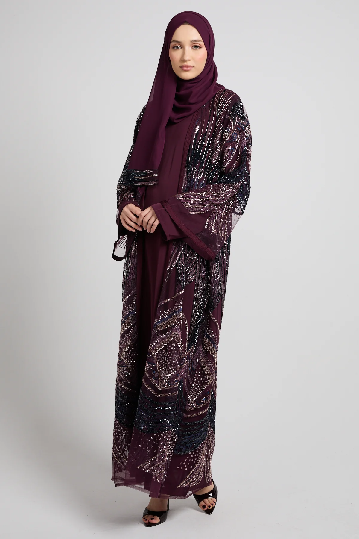 Luxury Midnight Plum Embellished Three Piece Abaya Set - LIMITED EDITION - PRE ORDER - Image 6