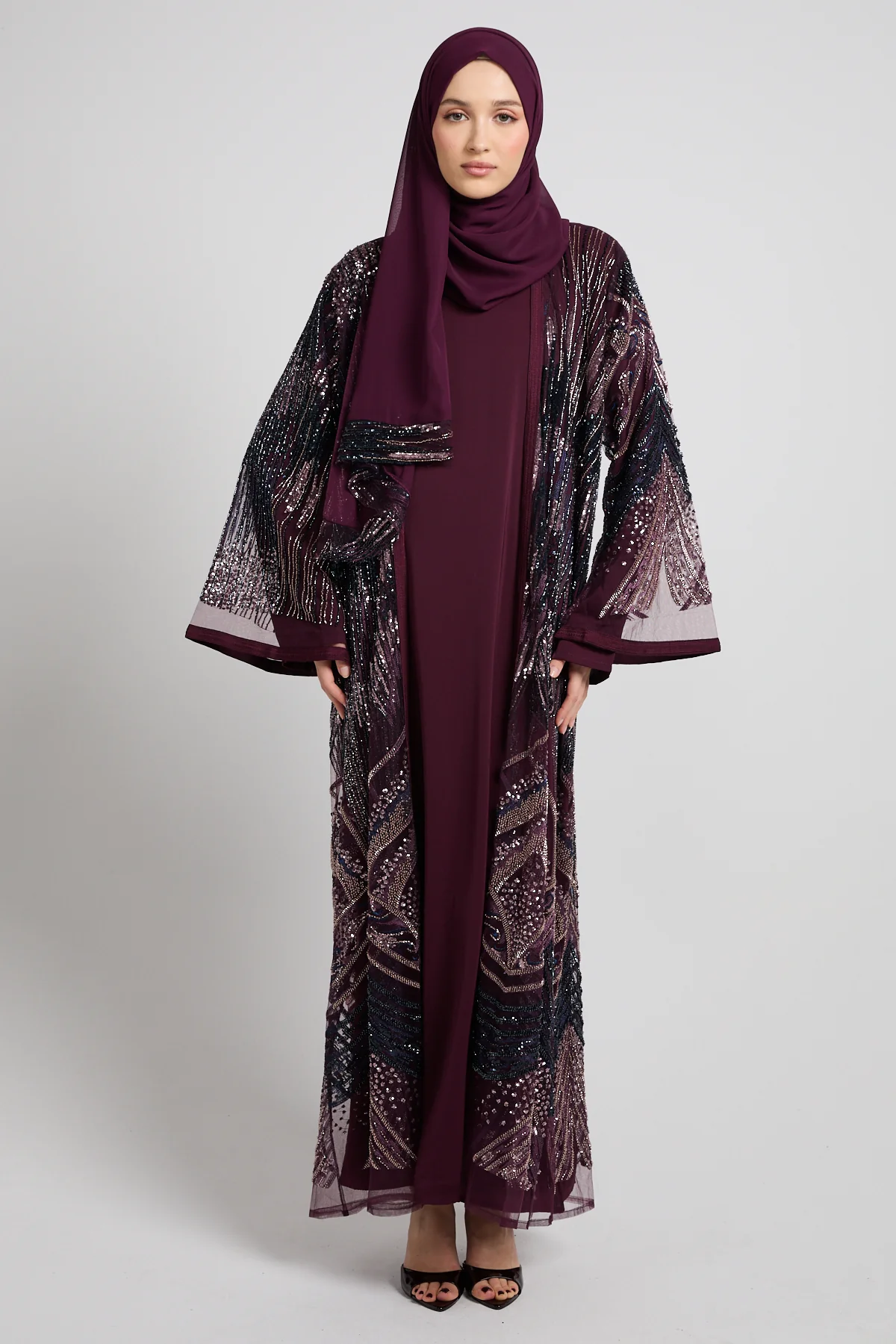 Luxury Midnight Plum Embellished Three Piece Abaya Set - LIMITED EDITION - PRE ORDER - Image 8