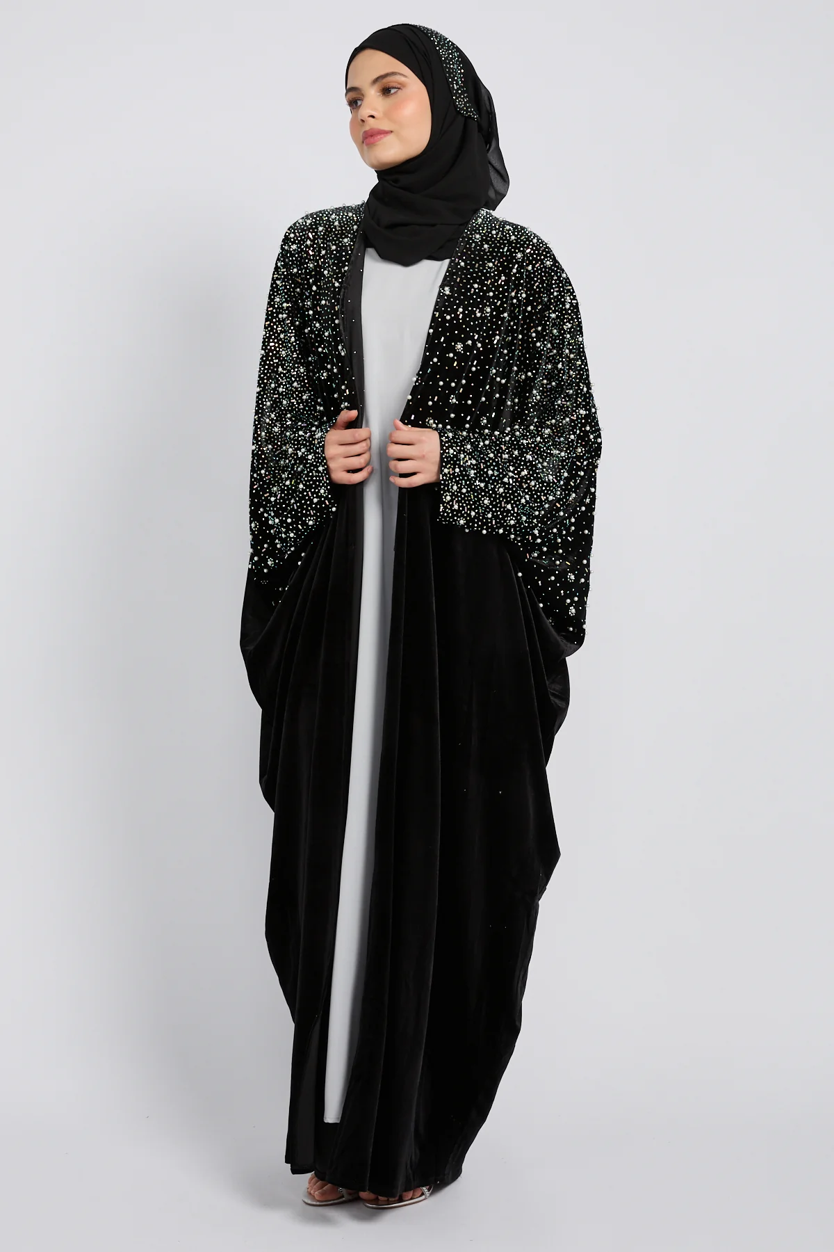 Luxury Midnight Stardust Velvet Open Abaya  - Black