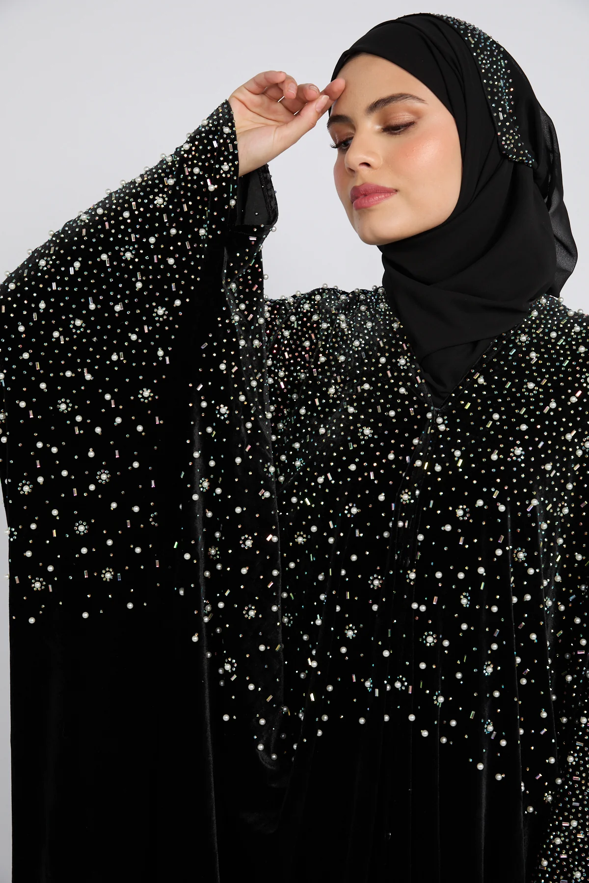 Luxury Midnight Stardust Velvet Open Abaya  - Black - Image 2