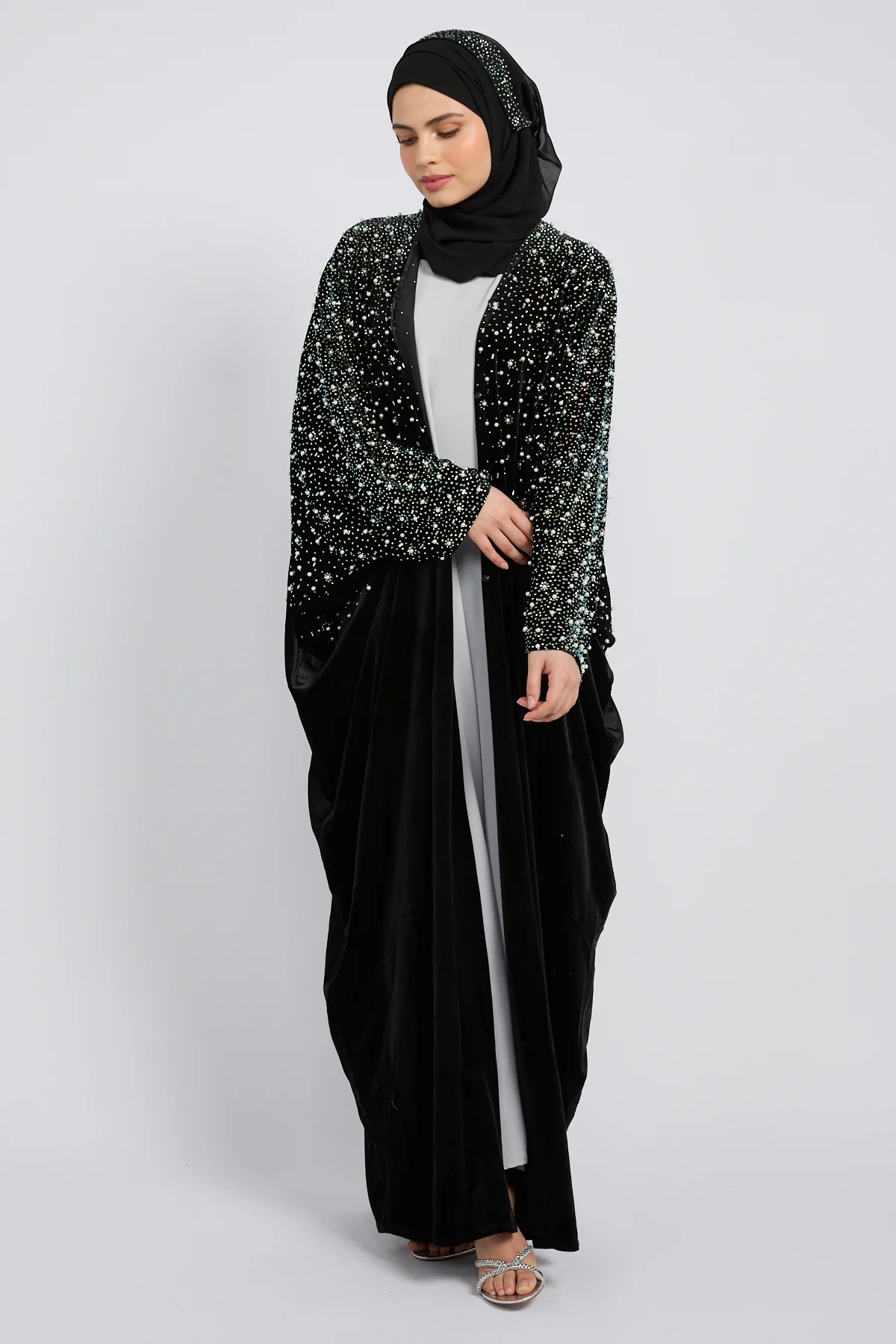 Luxury Midnight Stardust Velvet Open Abaya  - Black - Image 5