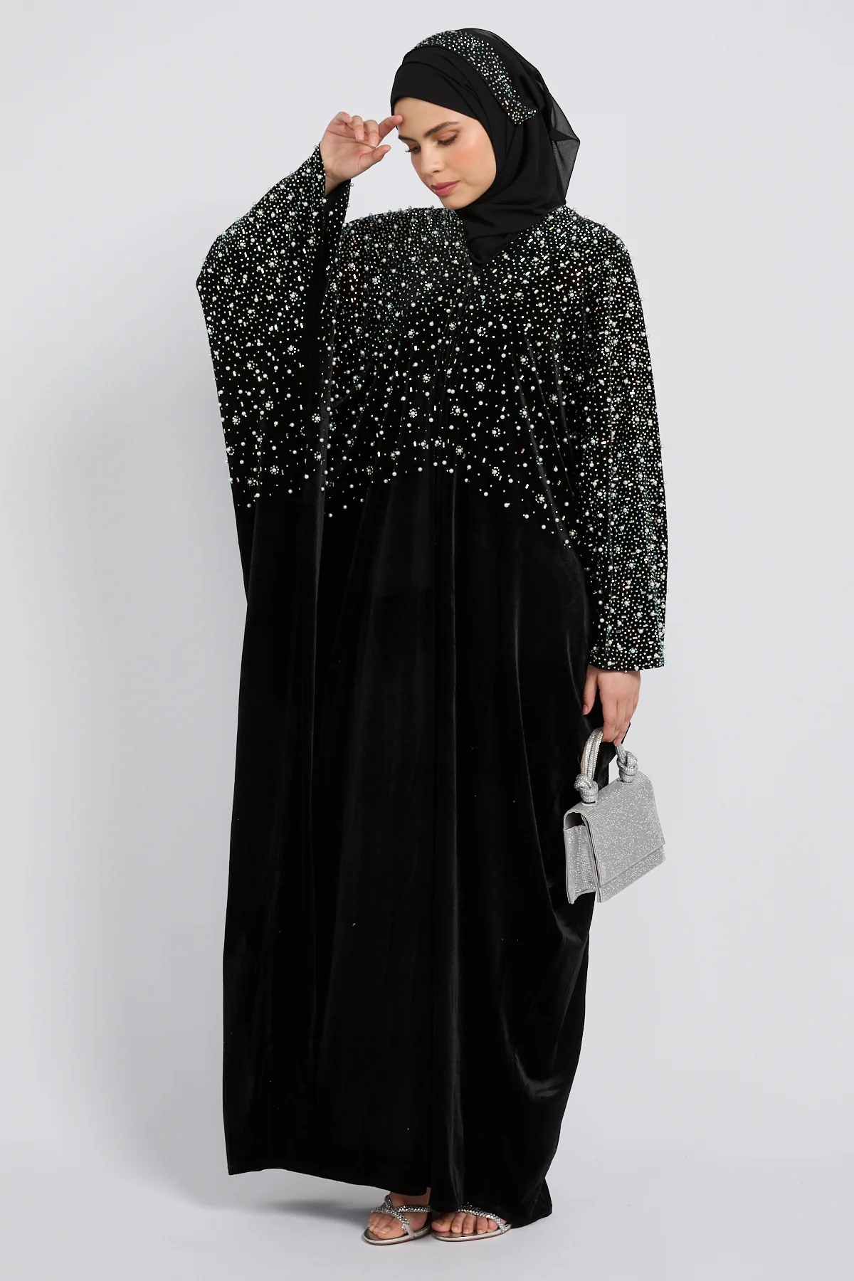 Luxury Midnight Stardust Velvet Open Abaya  - Black - Image 6