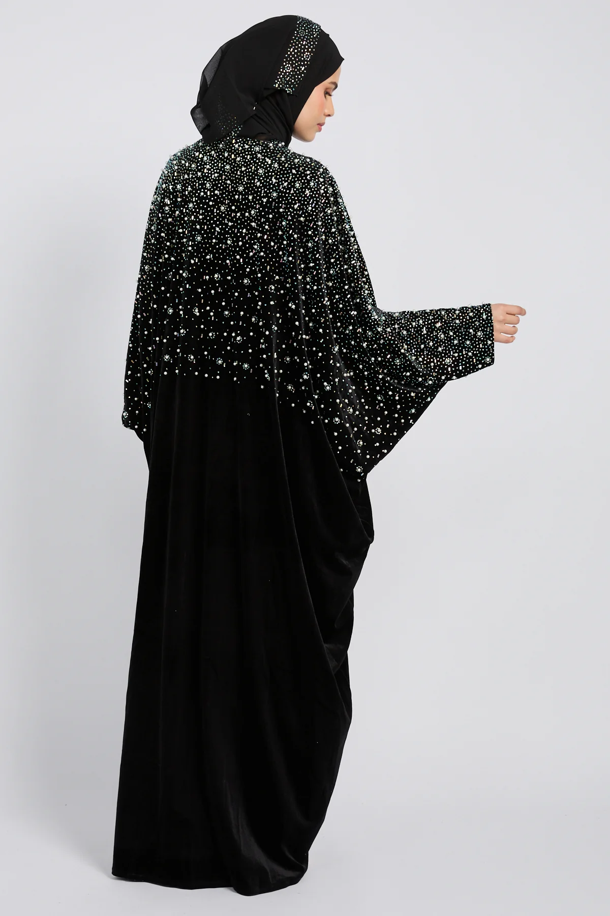 Luxury Midnight Stardust Velvet Open Abaya  - Black - Image 7