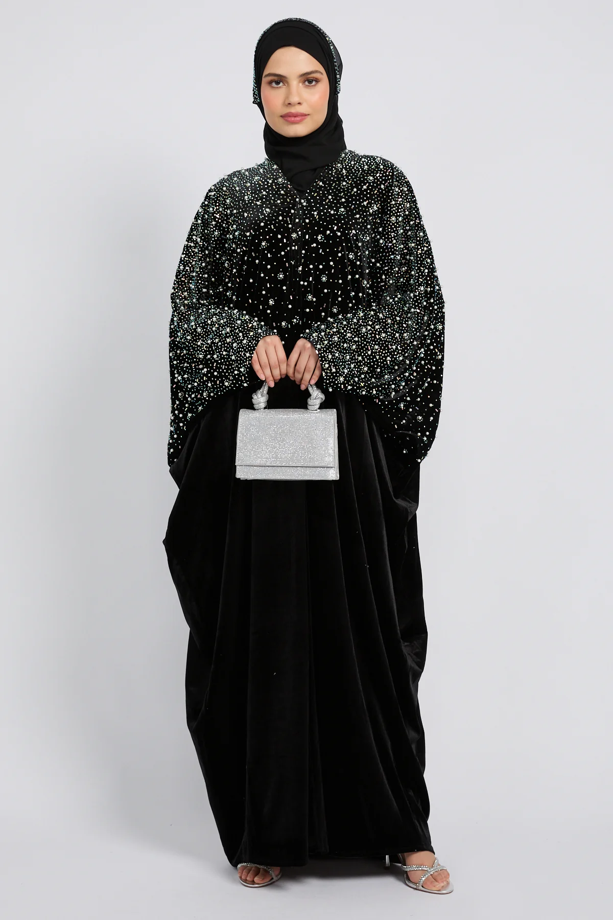 Luxury Midnight Stardust Velvet Open Abaya  - Black - Image 8