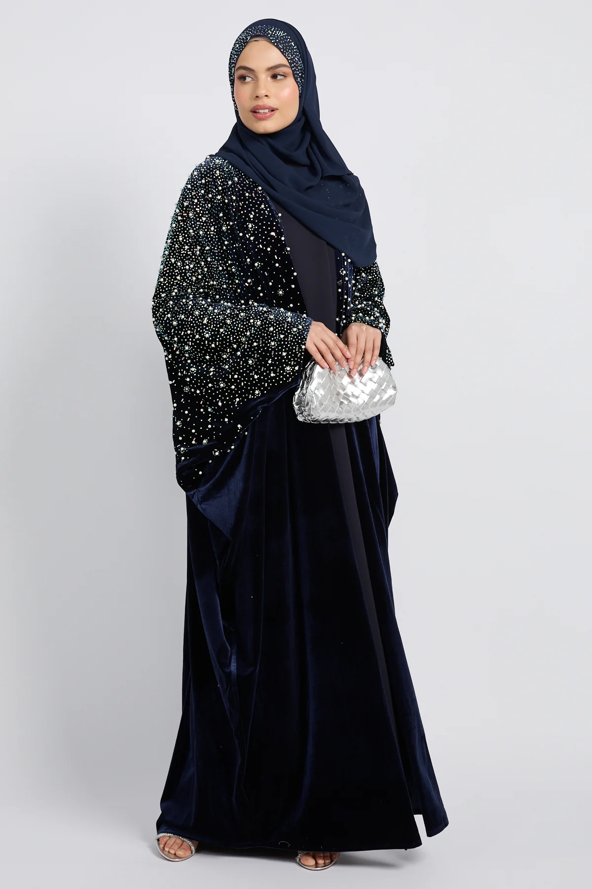 Luxury Midnight Stardust Velvet Open Abaya  - Royal Navy