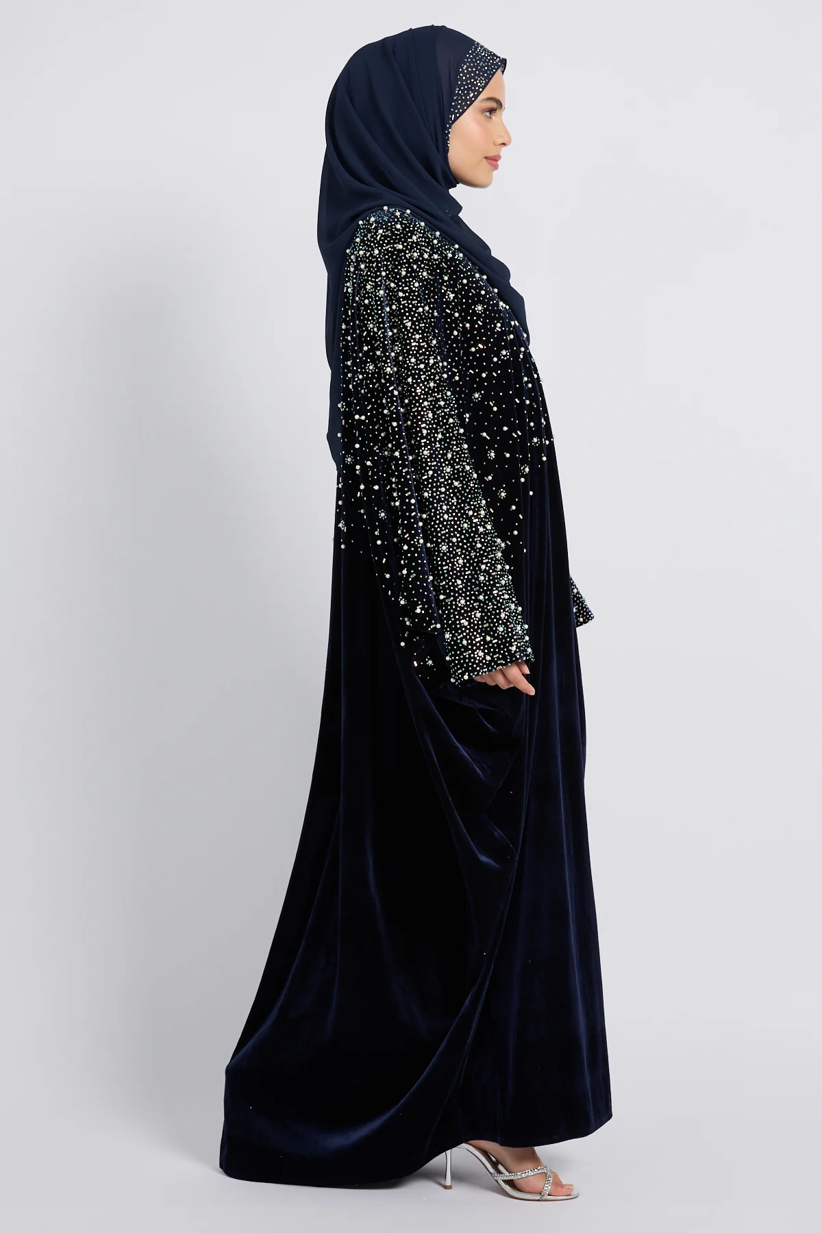 Luxury Midnight Stardust Velvet Open Abaya  - Royal Navy - Image 3