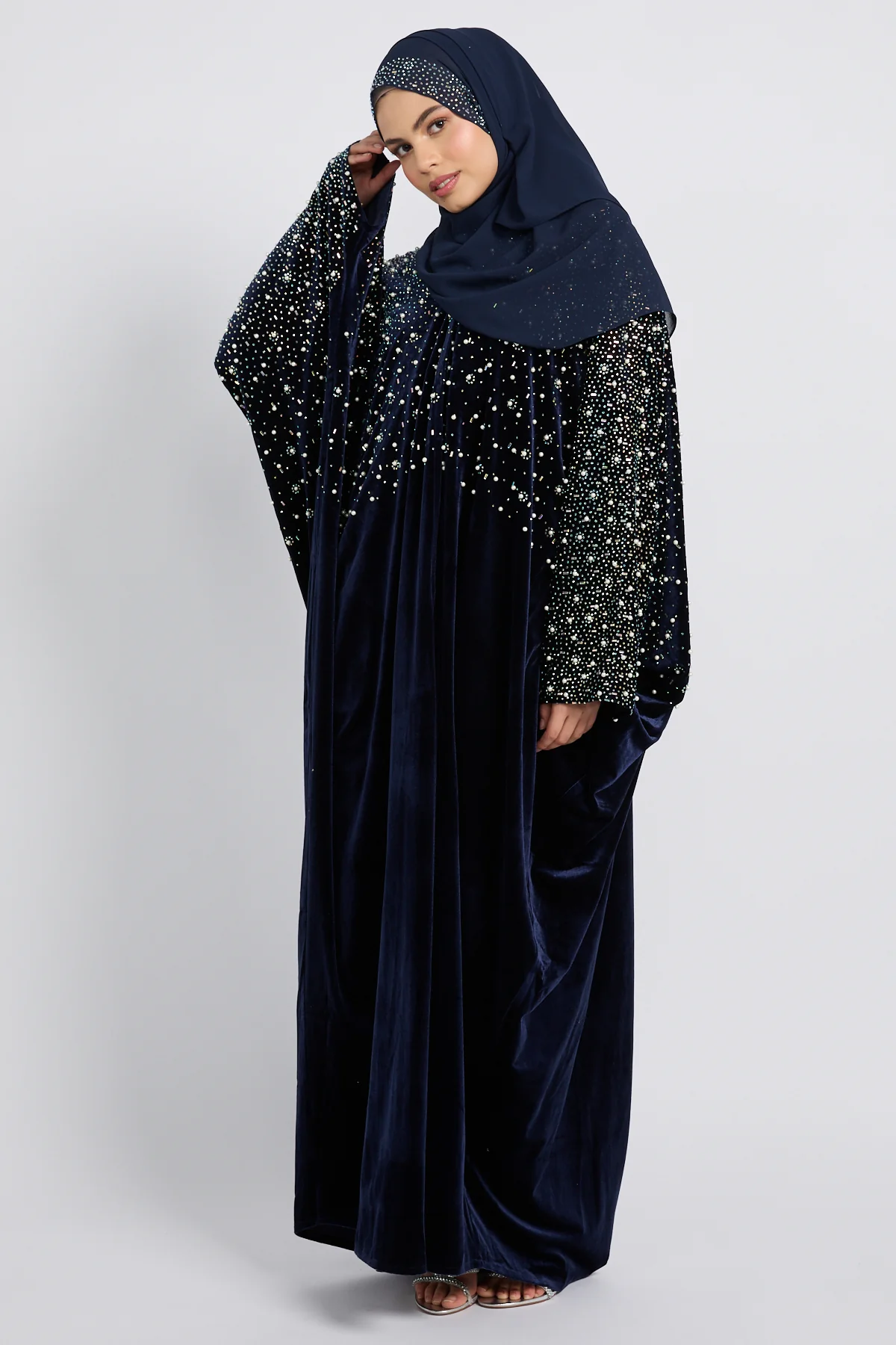 Luxury Midnight Stardust Velvet Open Abaya  - Royal Navy - Image 4