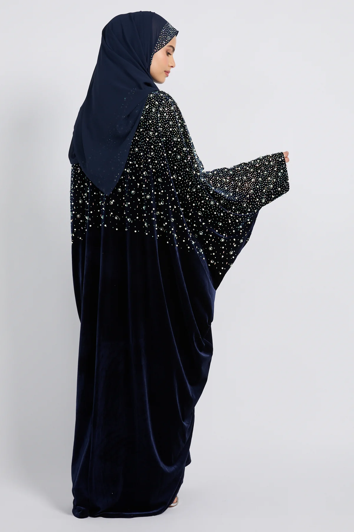 Luxury Midnight Stardust Velvet Open Abaya  - Royal Navy - Image 5
