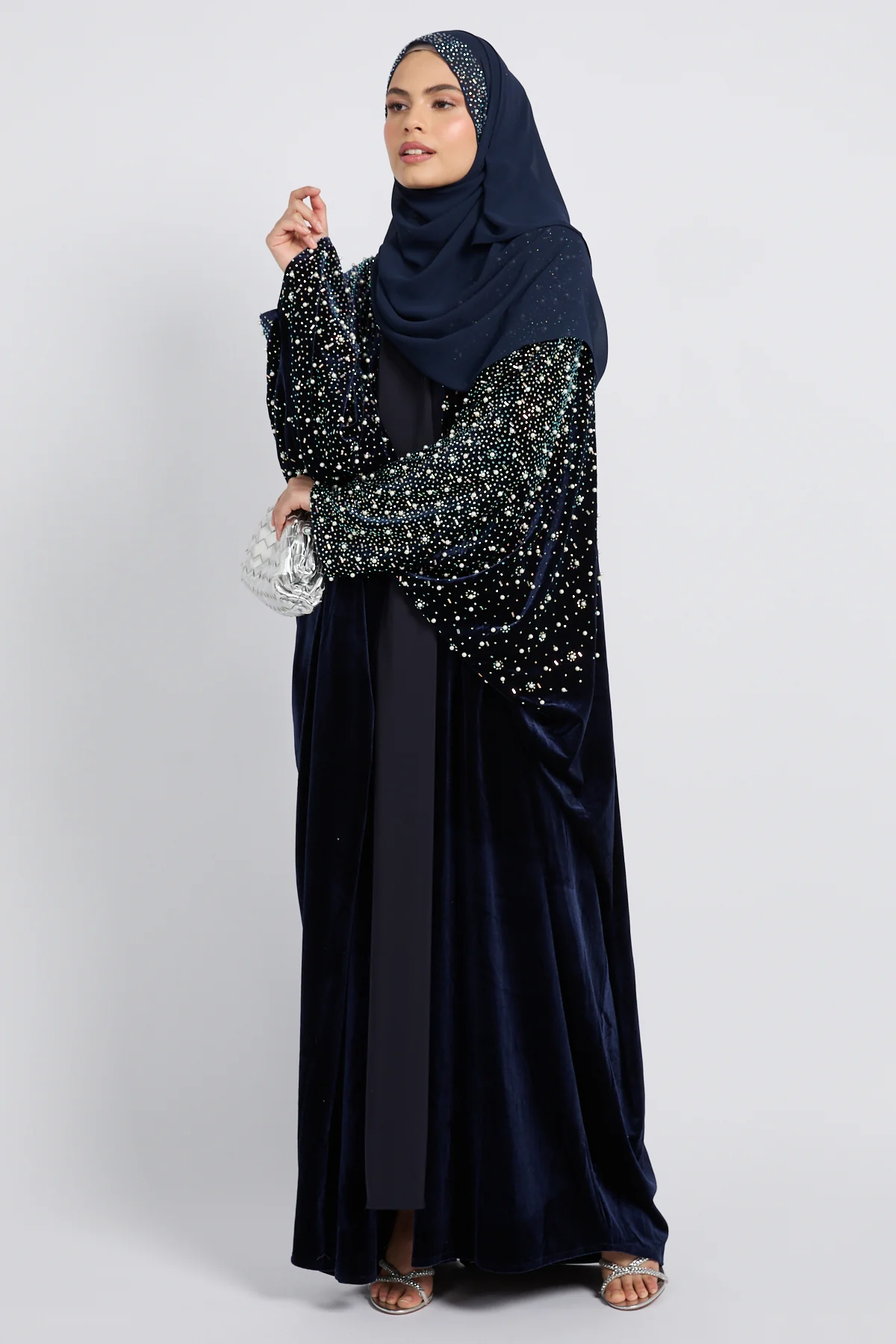 Luxury Midnight Stardust Velvet Open Abaya  - Royal Navy - Image 6