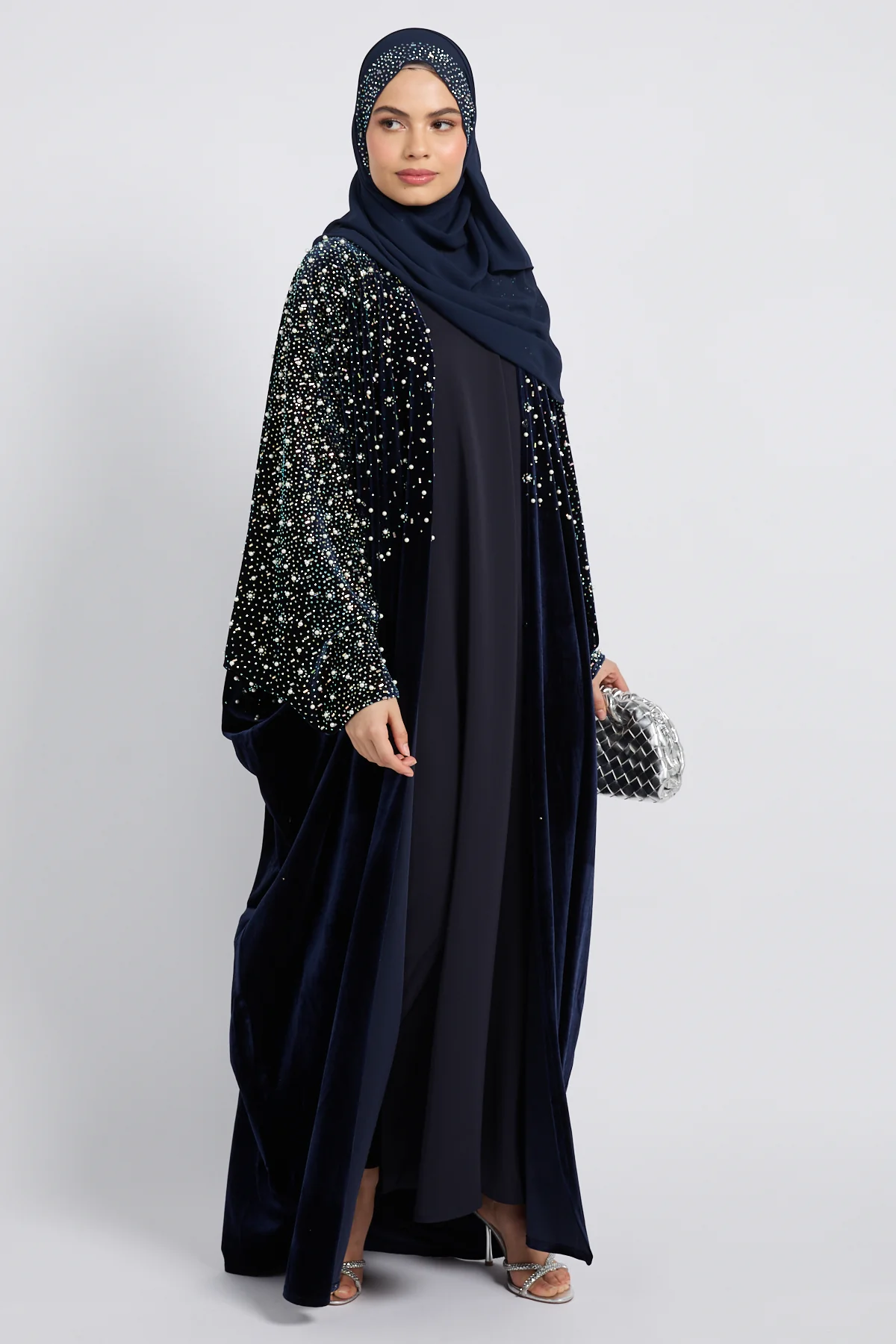 Luxury Midnight Stardust Velvet Open Abaya  - Royal Navy - Image 7