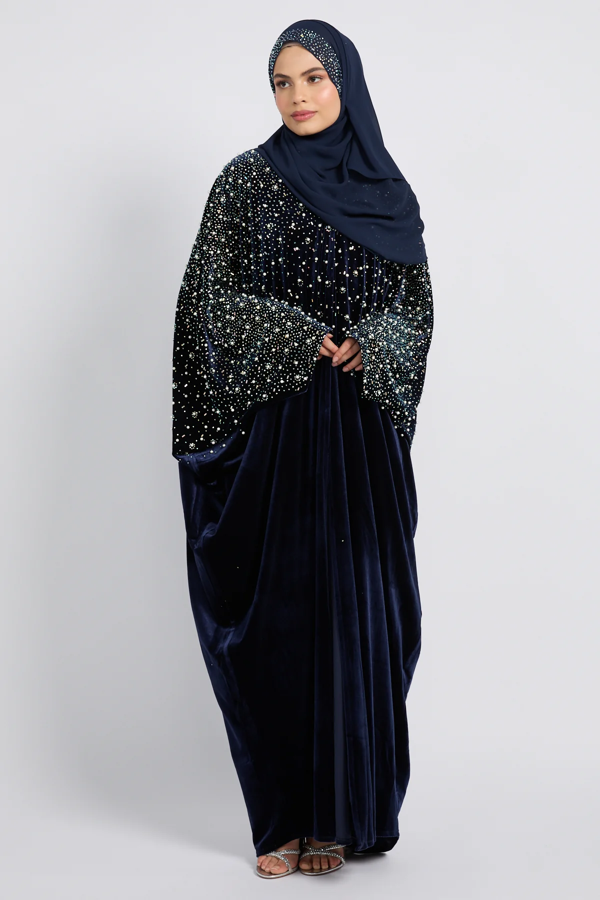 Luxury Midnight Stardust Velvet Open Abaya  - Royal Navy - Image 8