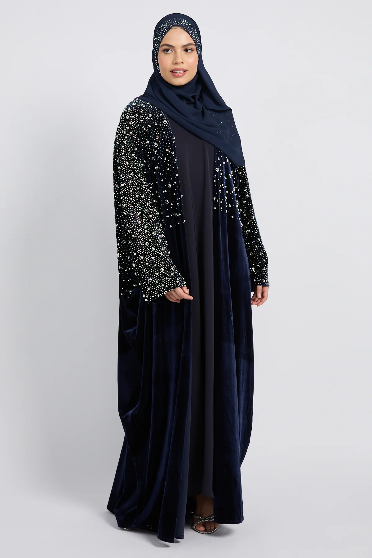 Luxury Midnight Stardust Velvet Open Abaya  - Royal Navy - Image 9