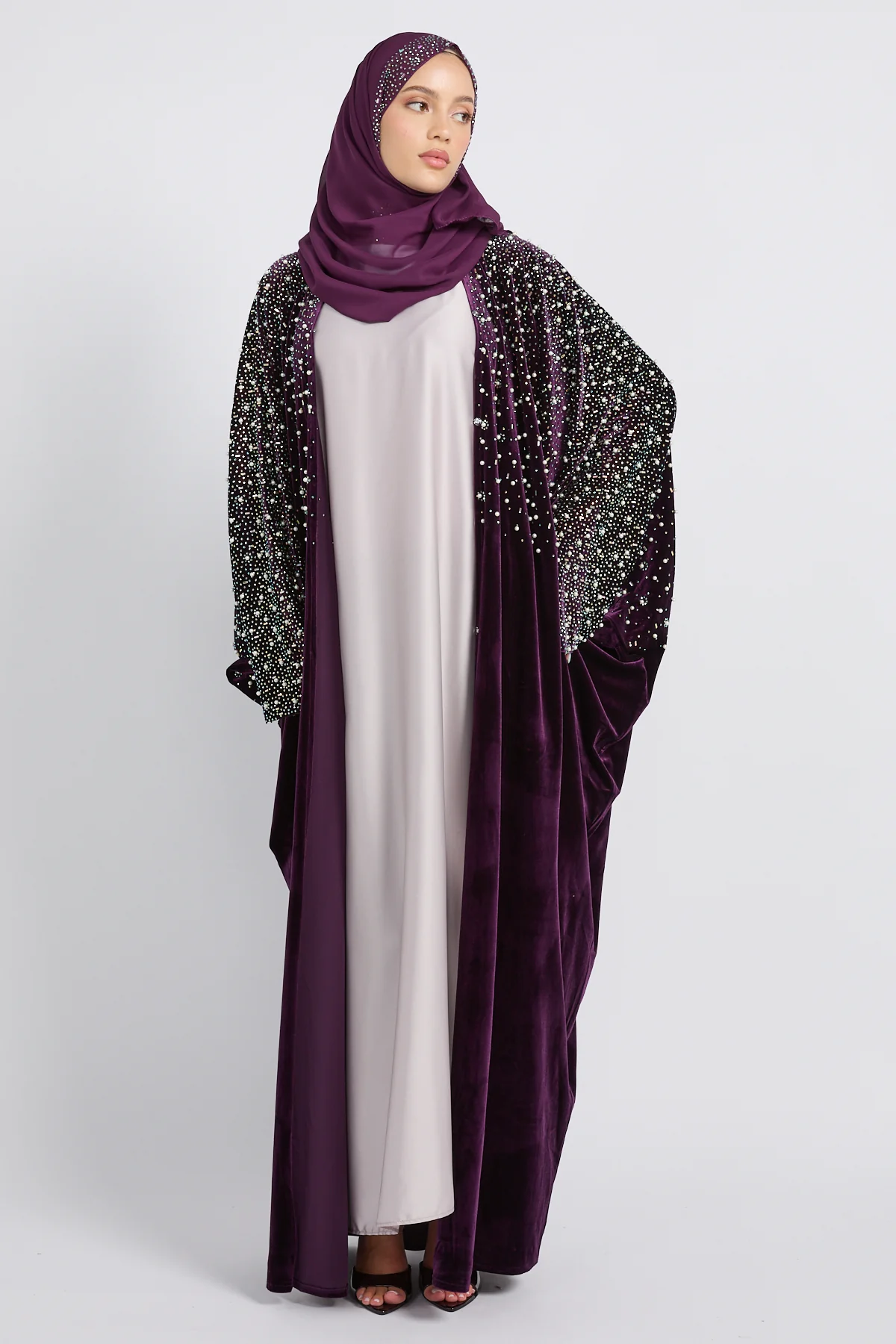 Luxury Midnight Stardust Velvet Open Abaya - Royal Plum - Image 3