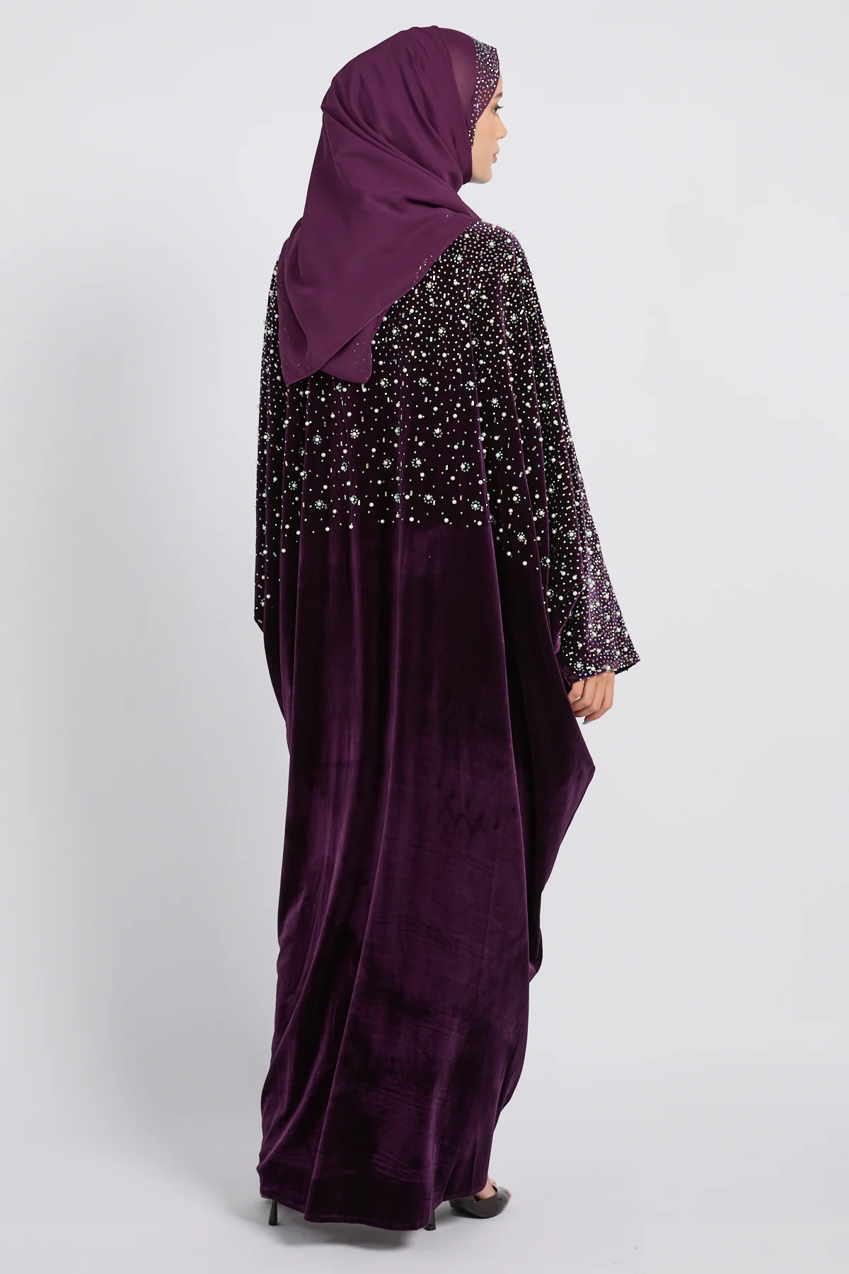 Luxury Midnight Stardust Velvet Open Abaya - Royal Plum - Image 5